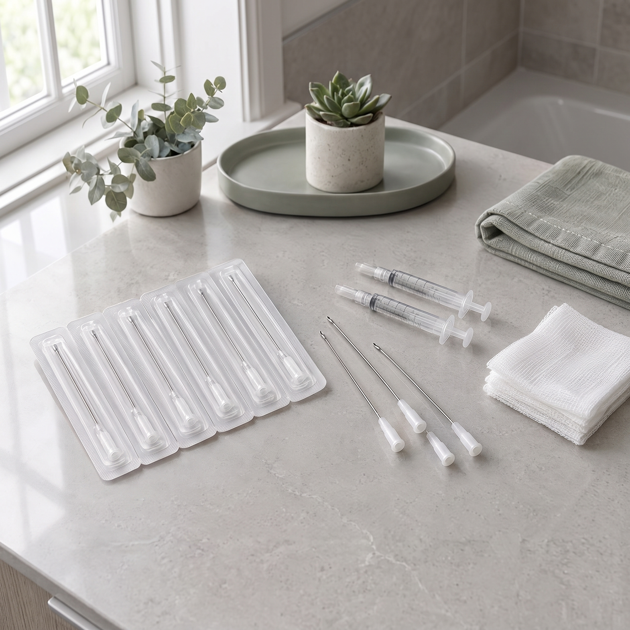 Sterile blunt-tip cannula for dermal filler in blister packs beside syringes and gauze on a clinic worktop