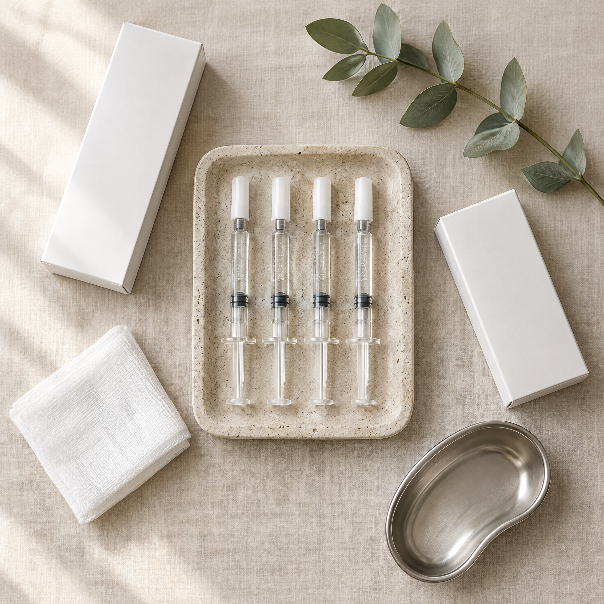 Unbranded pre-filled syringes on a stone tray in a clinic flat-lay, illustrating a comparison of polynucleotide brands for UK practitioners