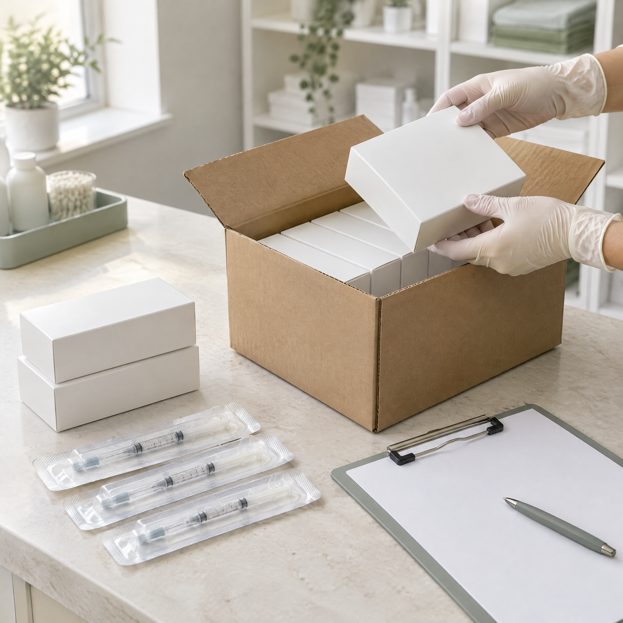 Practitioner in gloves checking a delivery of plain boxed stock from aesthetics suppliers in a UK clinic