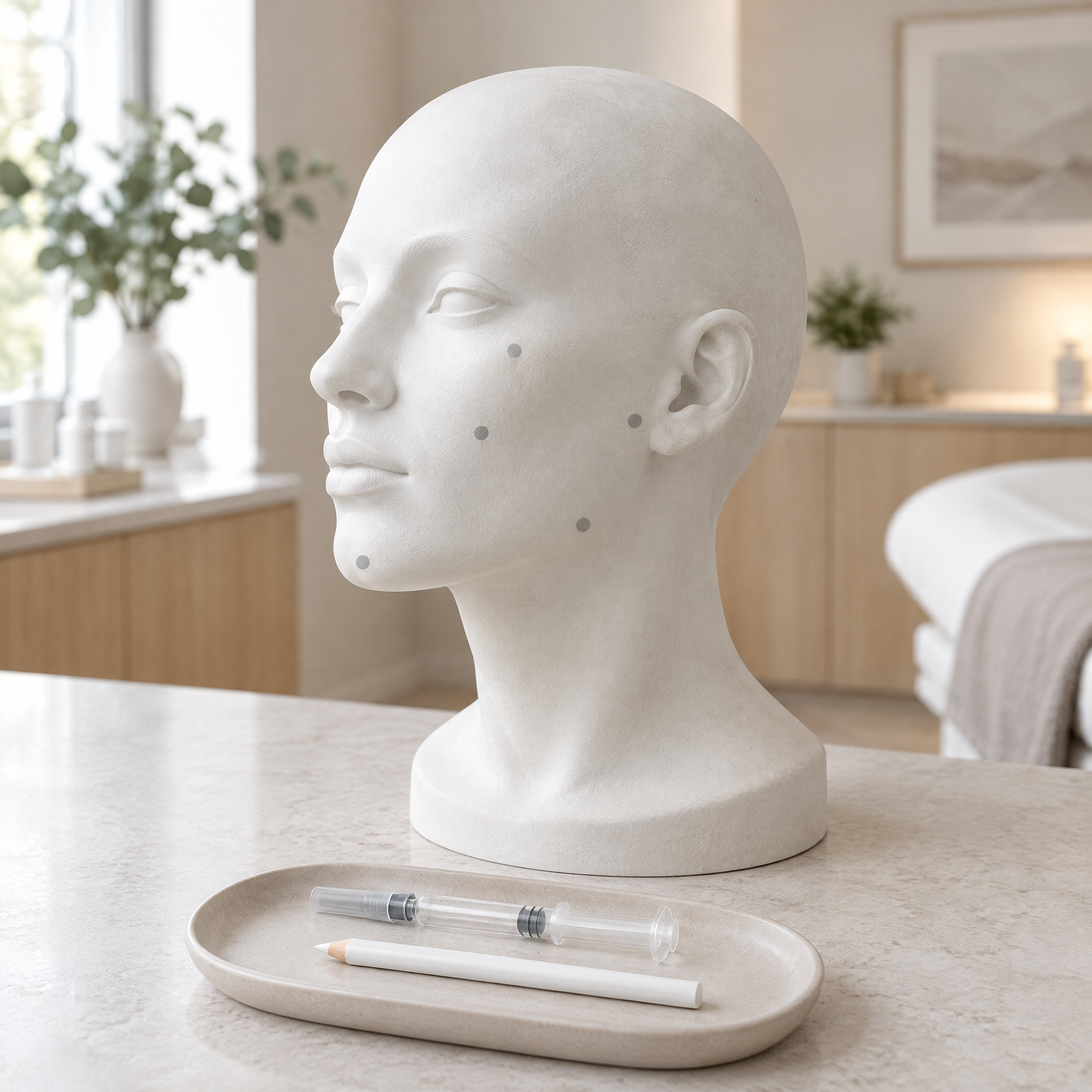 White training mannequin head marked with the five facial Profhilo injection points, beside a capped syringe and skin marker in a clinic
