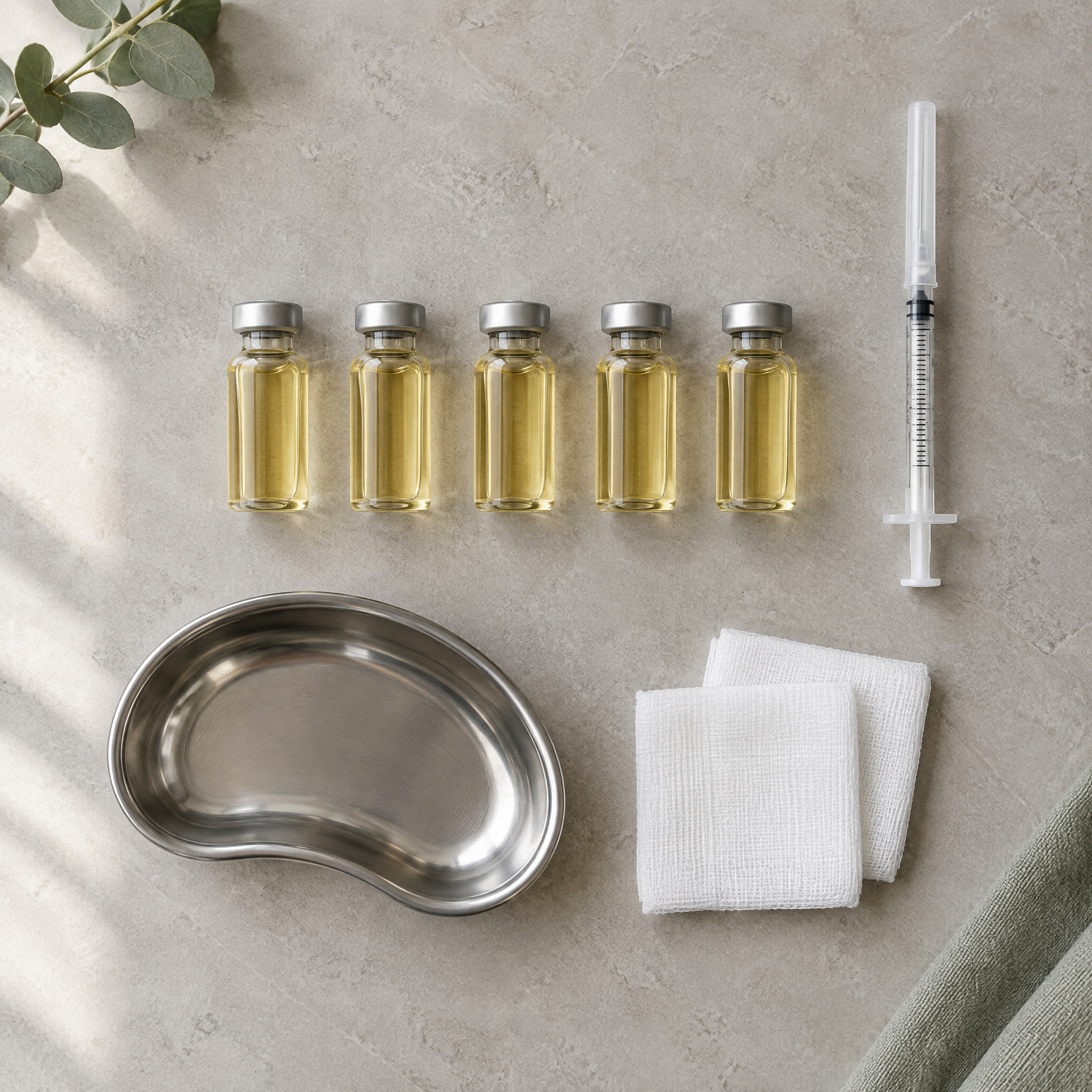Flat-lay of unlabelled glass vials, a capped syringe, gauze and a steel dish on stone, showing an NCTF 135 HA mesotherapy set-up for practitioners