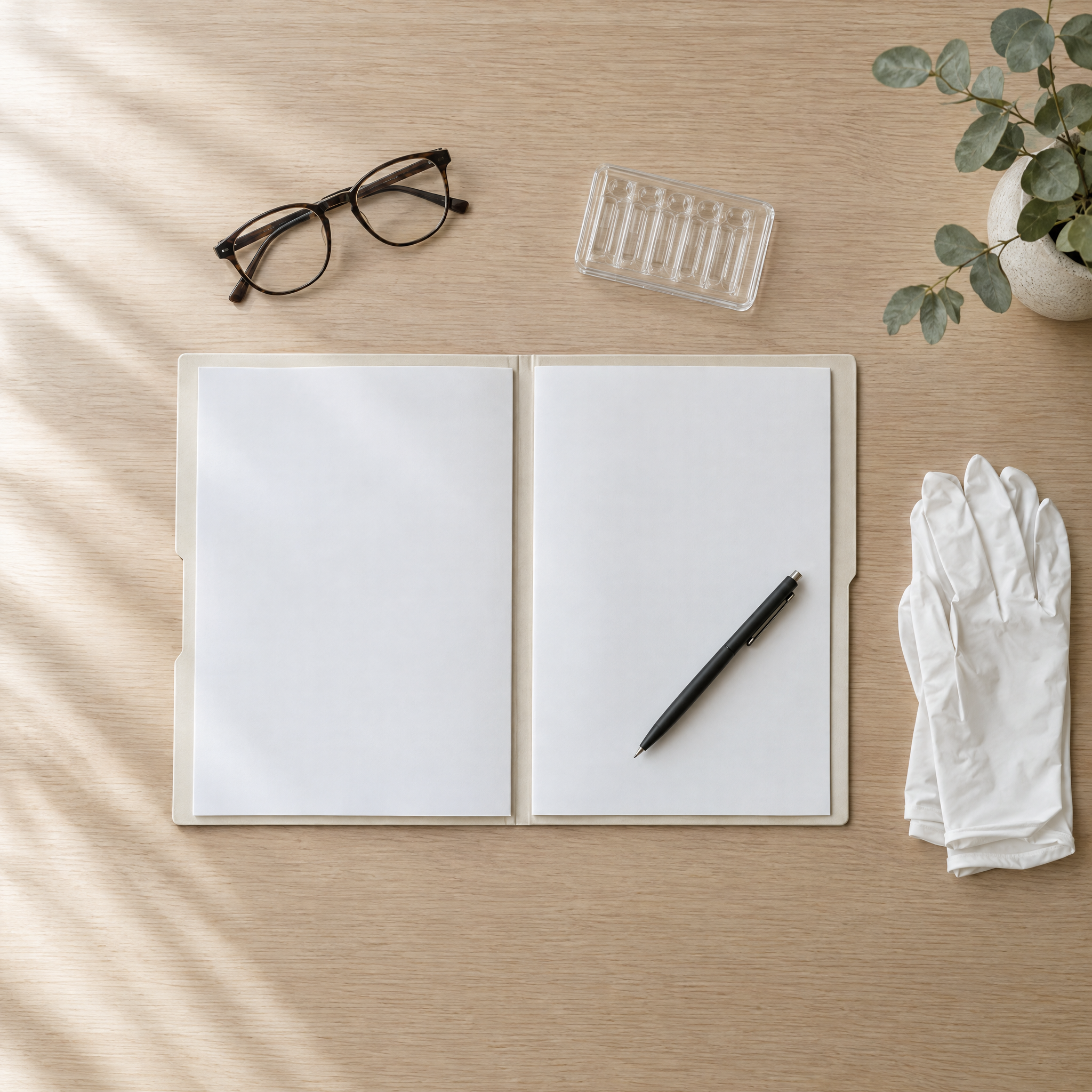 Flat-lay of an open document folder, pen, glasses and clinical gloves on a clinic desk, illustrating aesthetic insurance paperwork for practitioners