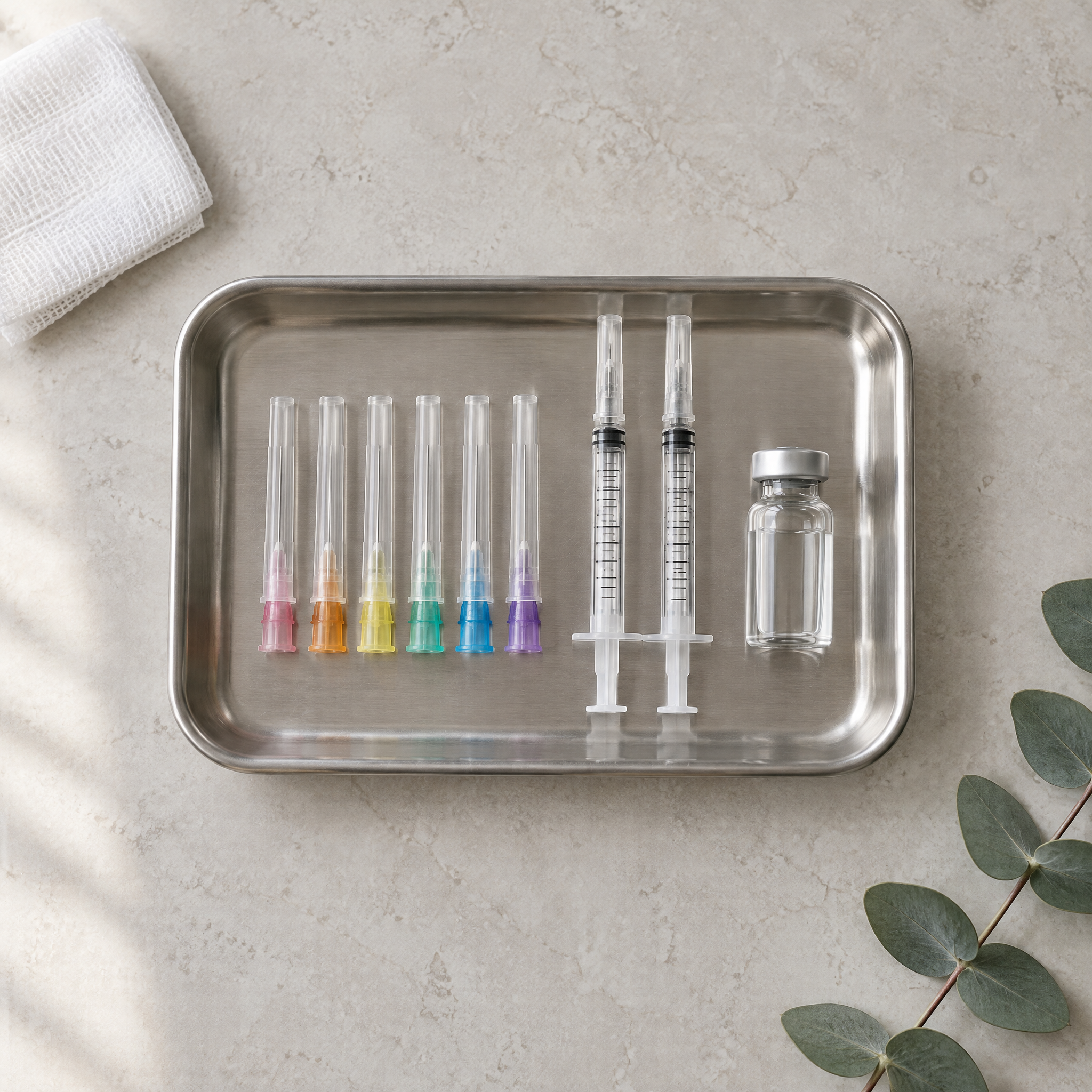 Row of fine-gauge mesotherapy needles with coloured hubs beside unlabelled syringes and a vial on a stainless steel clinic tray