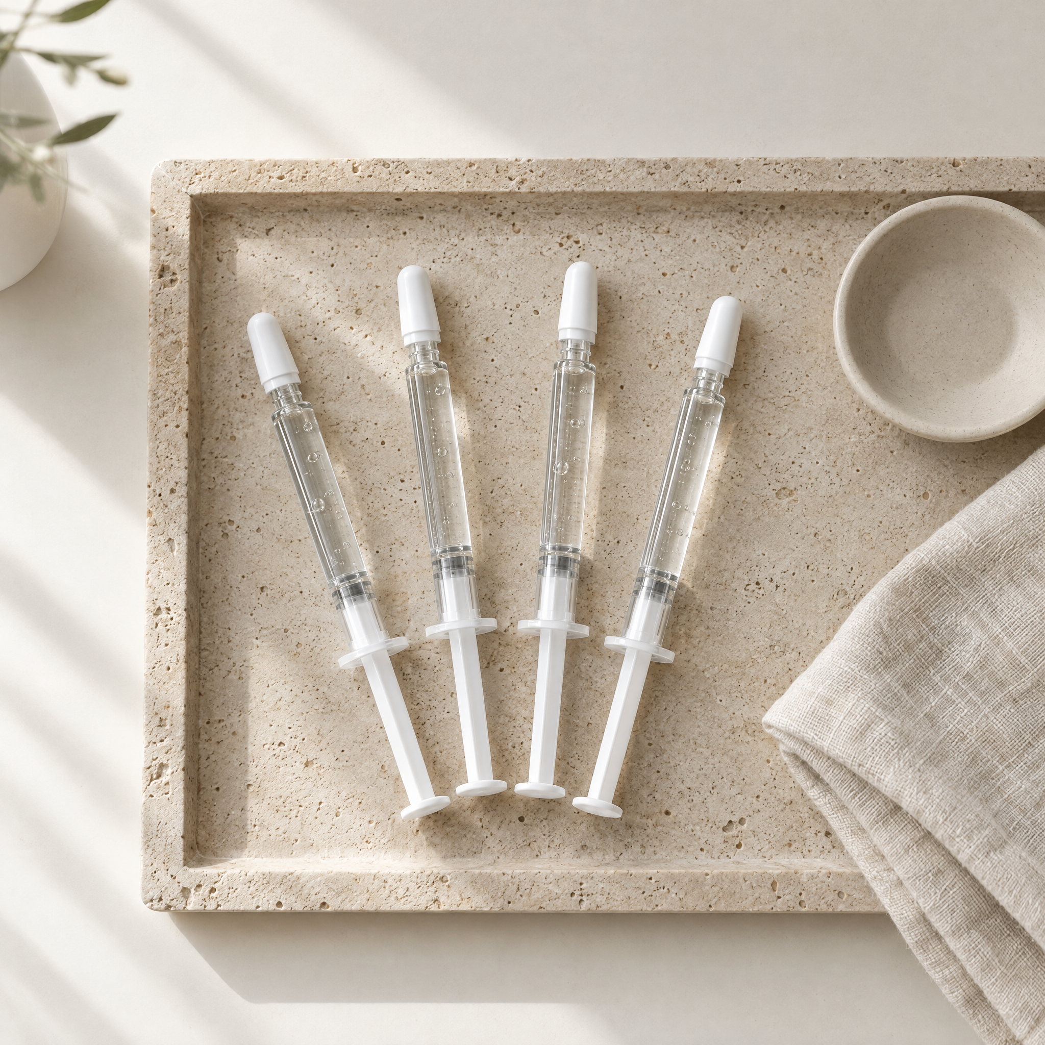 Four unbranded prefilled syringes of clear hyaluronic acid gel on a stone tray, illustrating a practitioner guide to the Restylane filler range