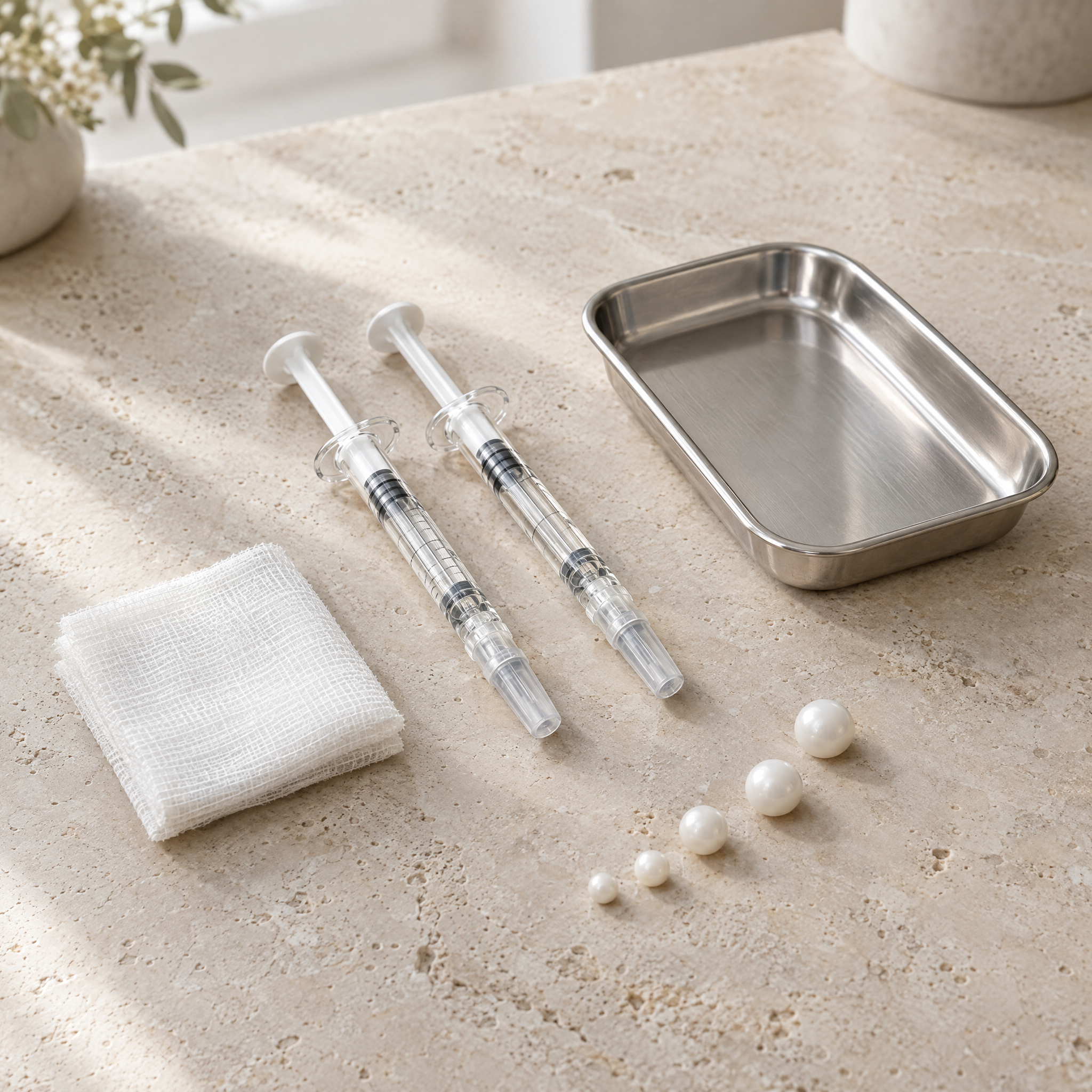 HArmonyCa hybrid filler practitioner guide: two unbranded pre-filled syringes, gauze and white microspheres on a clinic worktop