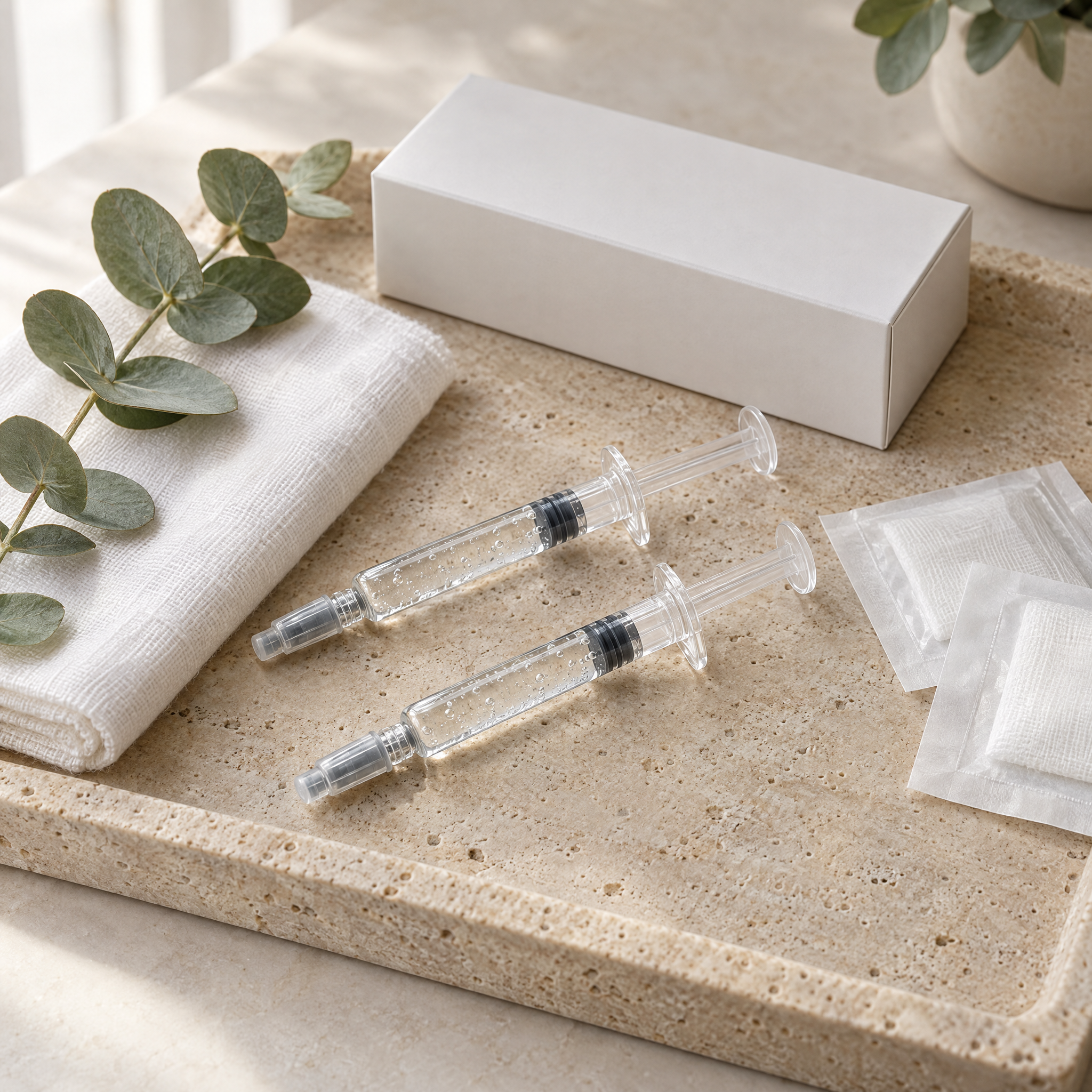 Juvederm filler practitioner guide: two unbranded hyaluronic acid filler syringes on a stone clinic tray with gauze and eucalyptus