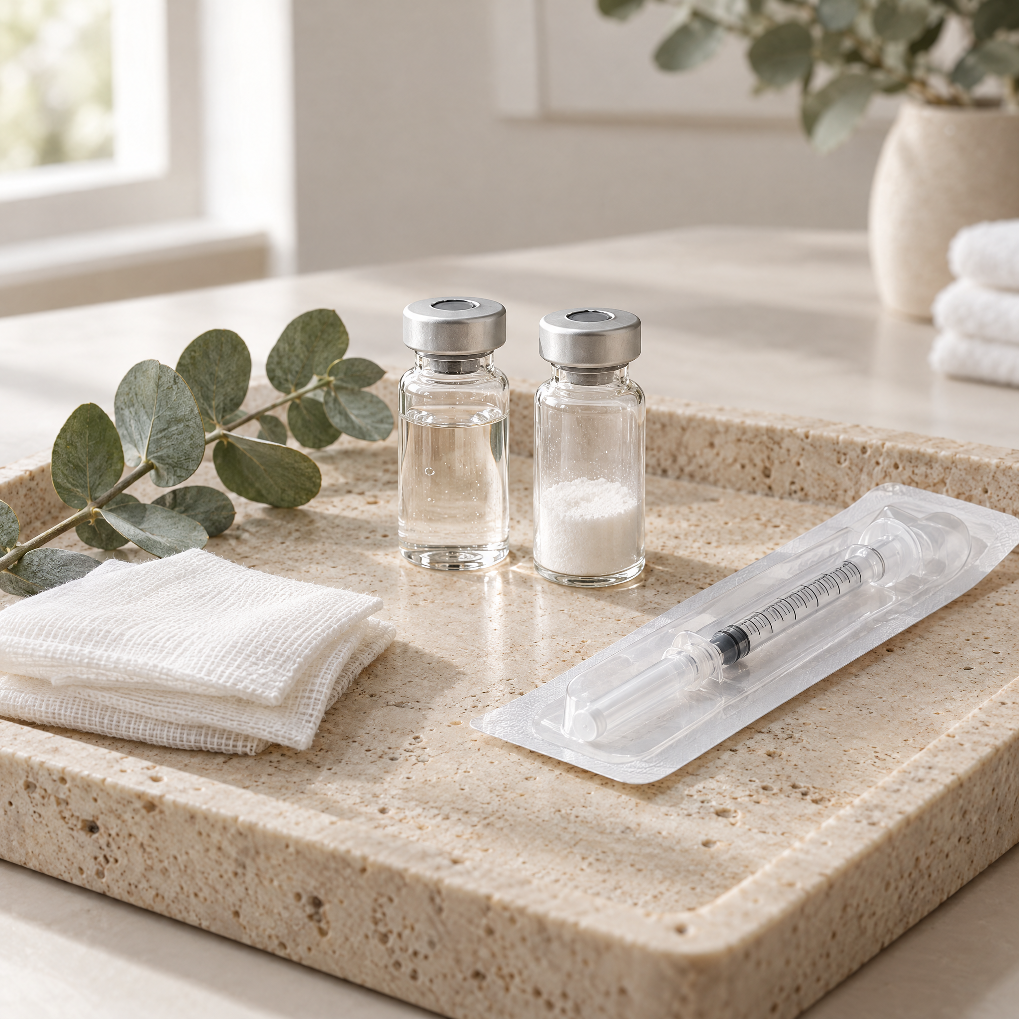 Sunekos skin booster preparation: unbranded vials of hyaluronic acid gel and amino acid powder with a sterile syringe on a clinic tray
