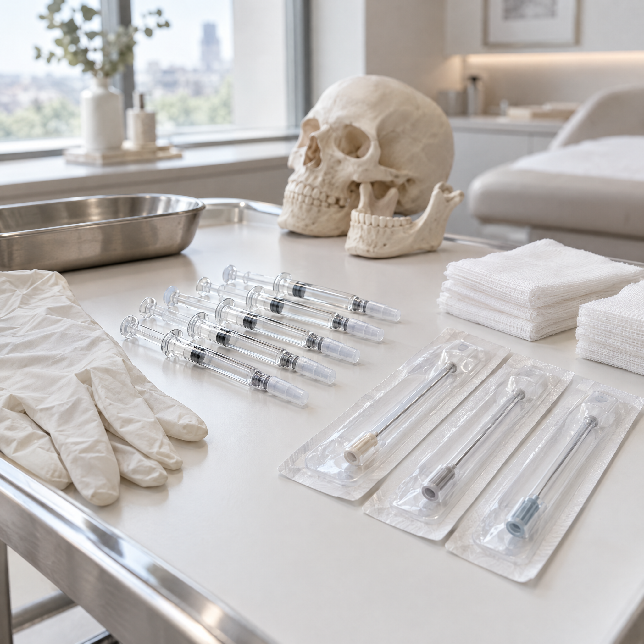 Jawline filler treatment set-up in a UK aesthetics clinic with unbranded syringes, cannulas and an anatomical skull model