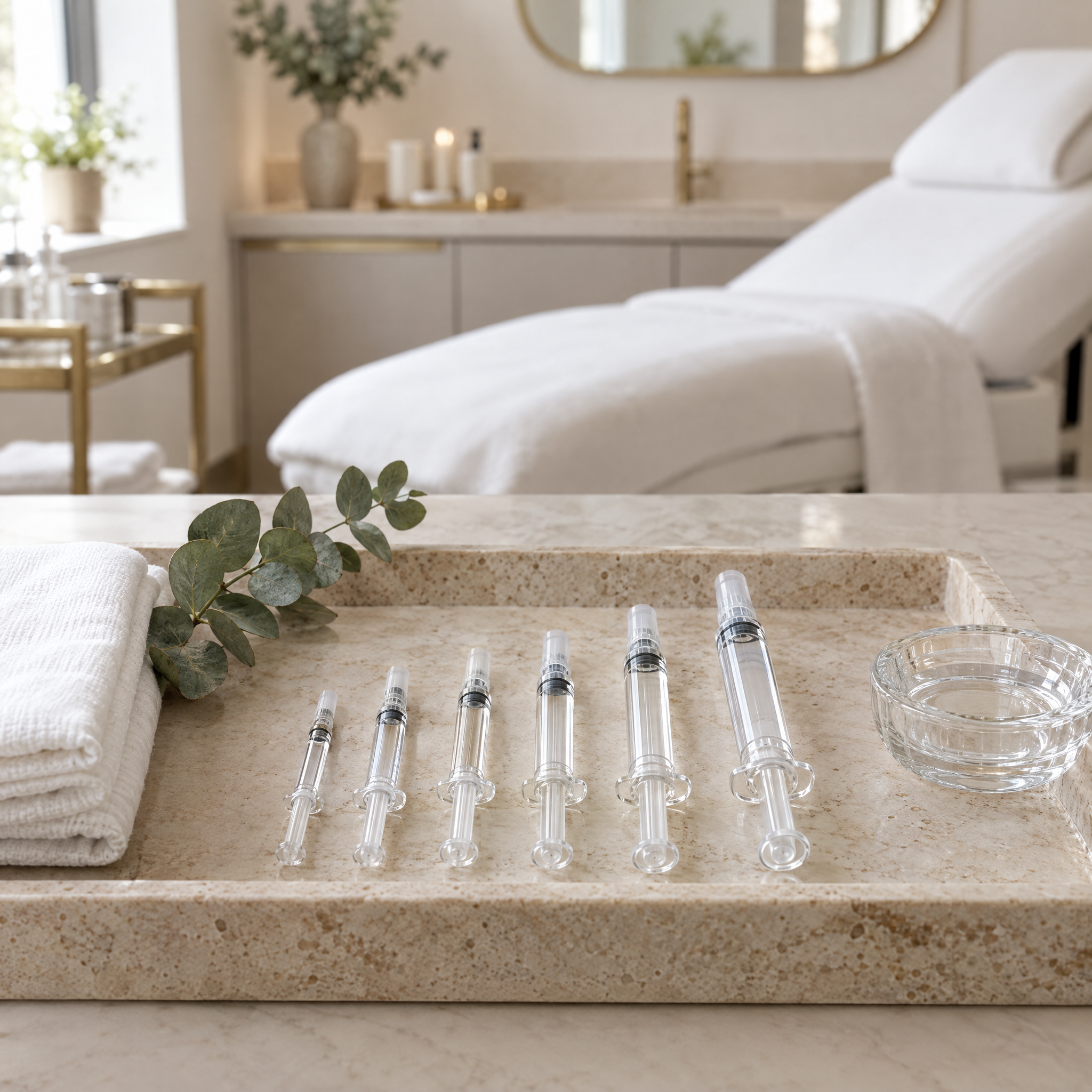 Teosyal filler guide: unbranded hyaluronic acid filler syringes in graduated sizes on a stone tray in a UK aesthetics clinic