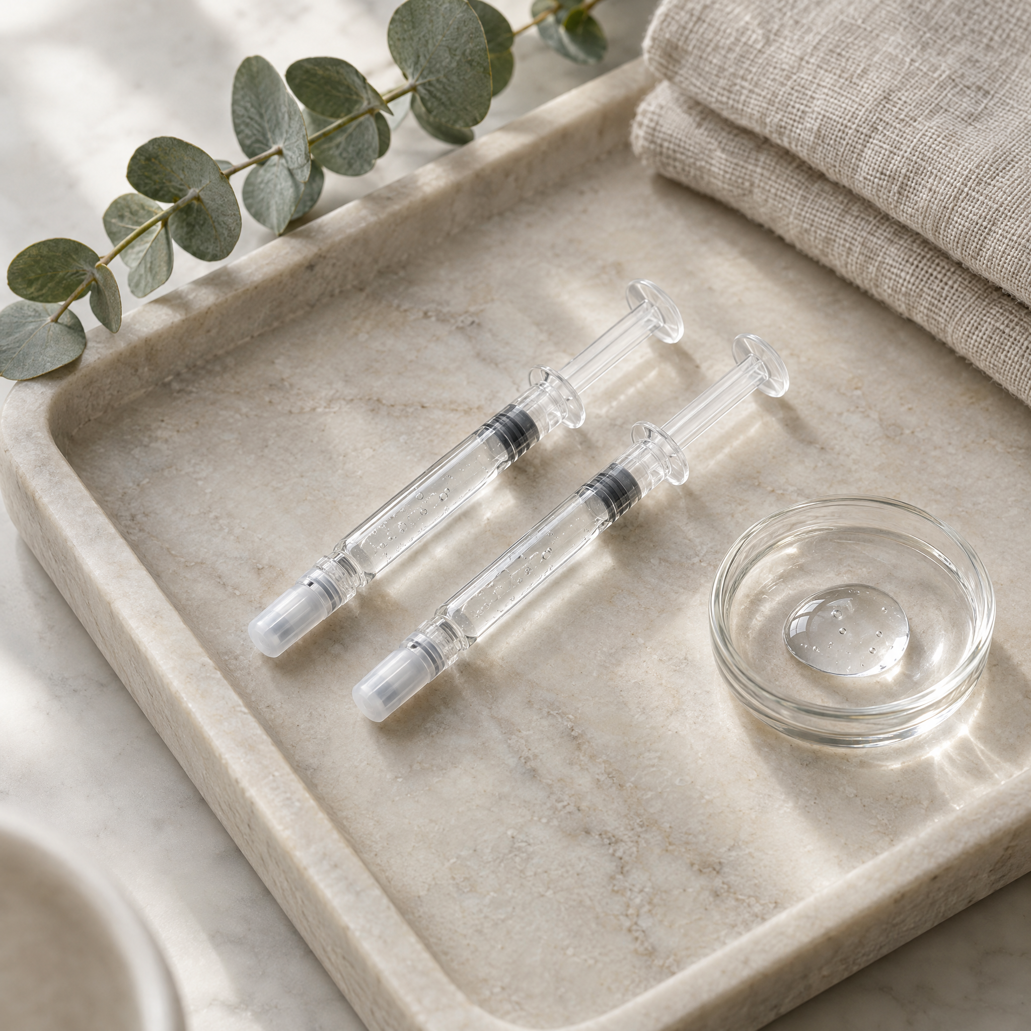 Lumi Pro skin booster practitioner guide: two clear hyaluronic acid syringes on a marble clinic tray