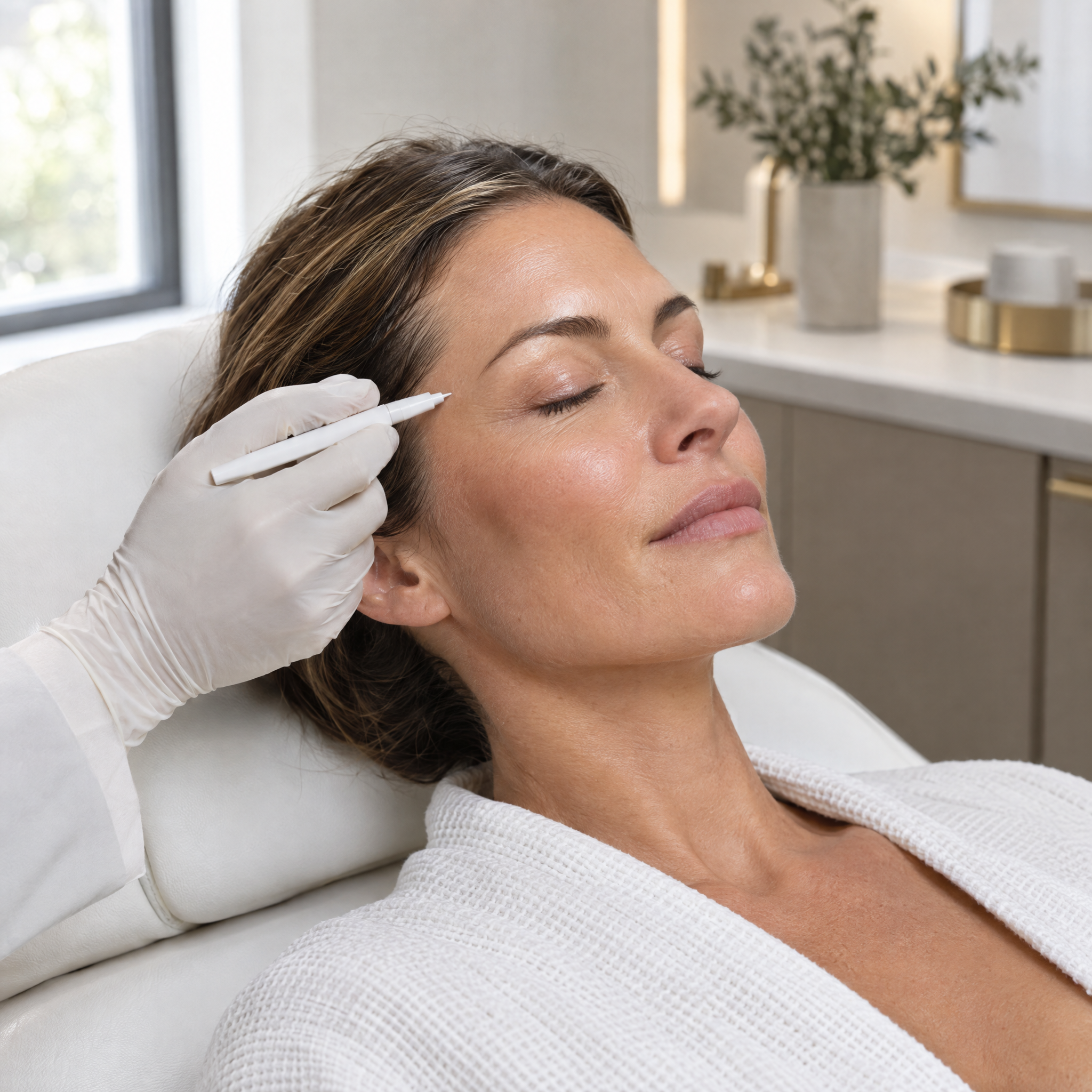 Practitioner marking the temple before temple filler treatment in a modern UK aesthetics clinic