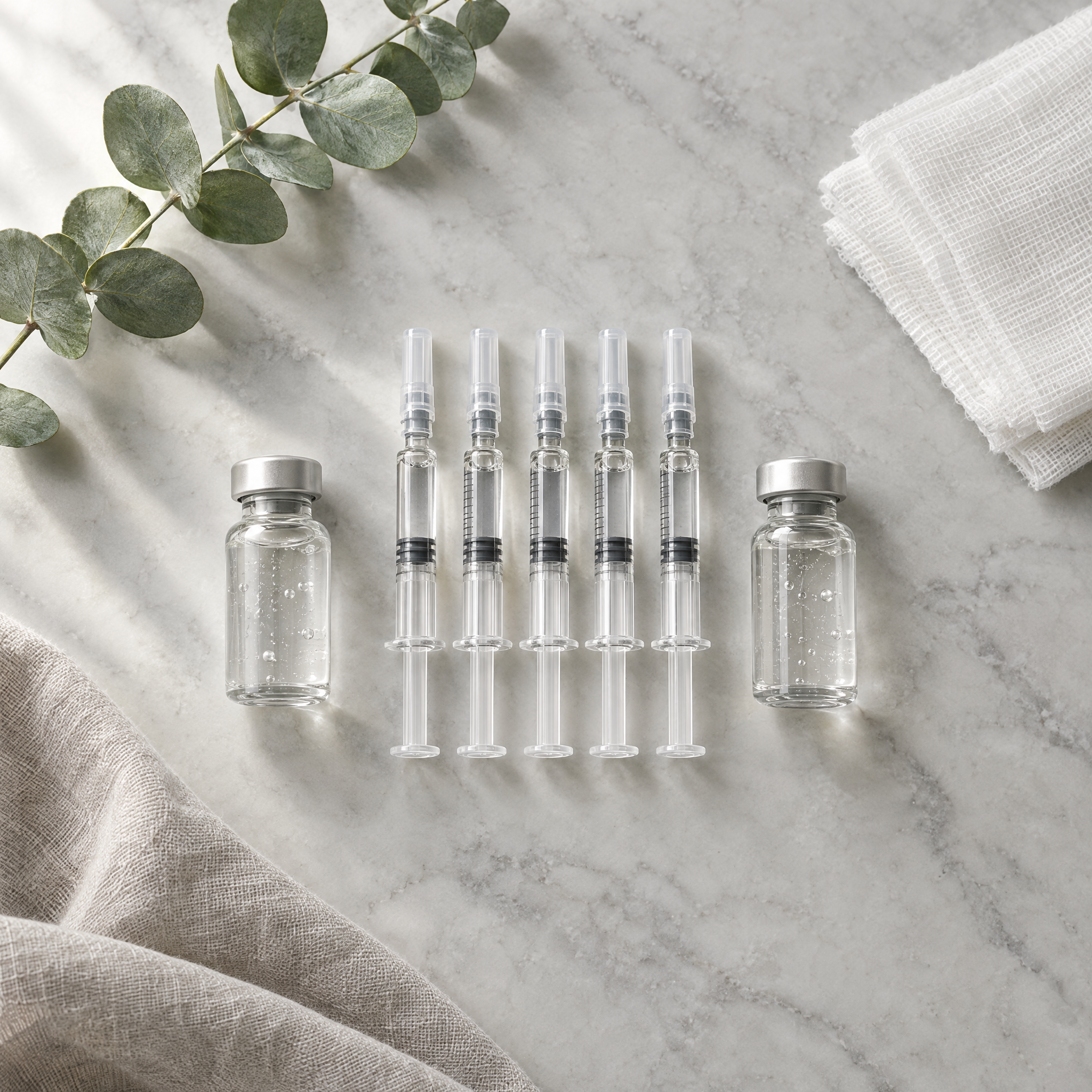Rejuran polynucleotide skin booster syringes and vials on a marble clinic surface, a guide for UK practitioners