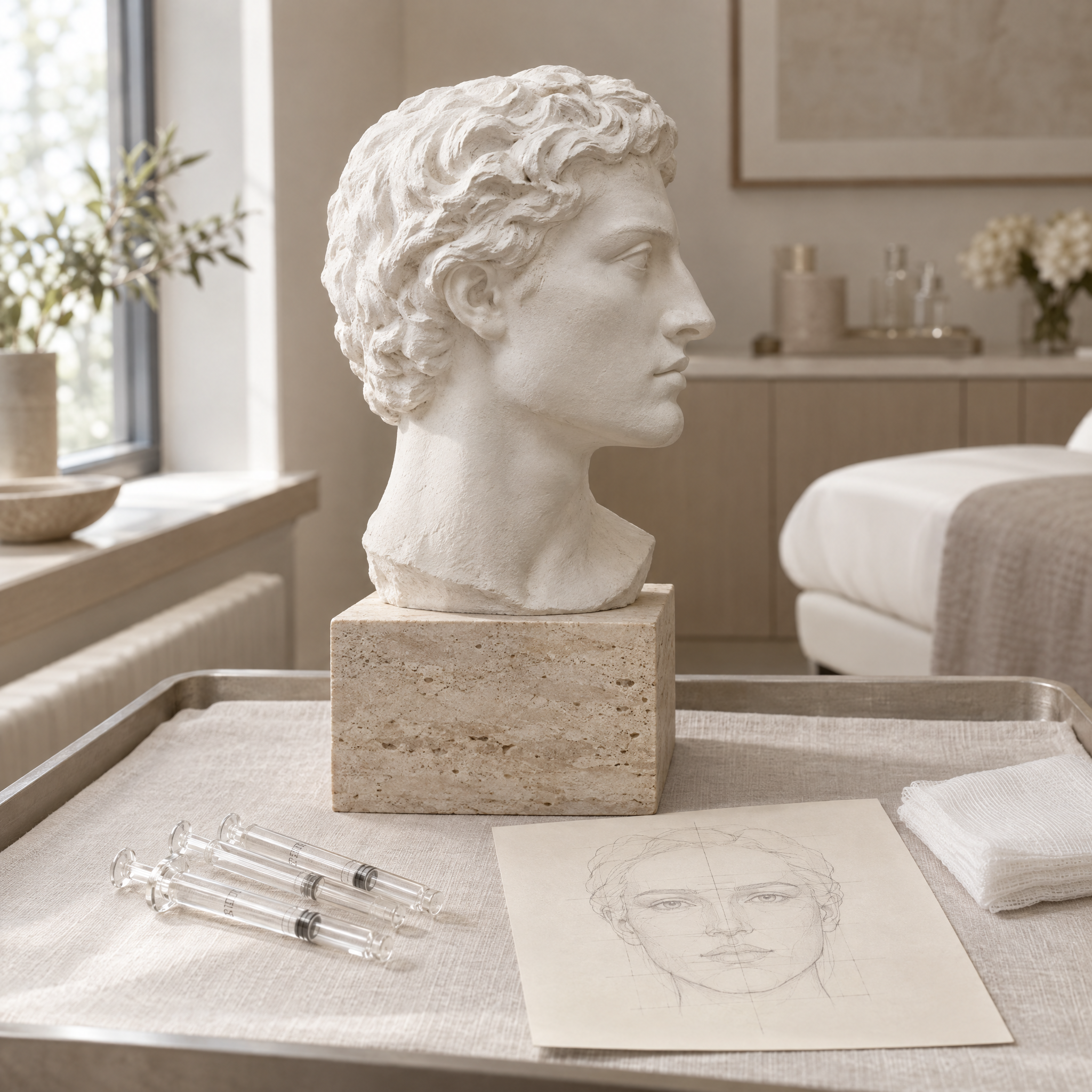 Classical sculpture bust in profile on a clinic tray, illustrating chin filler assessment of projection and facial balance
