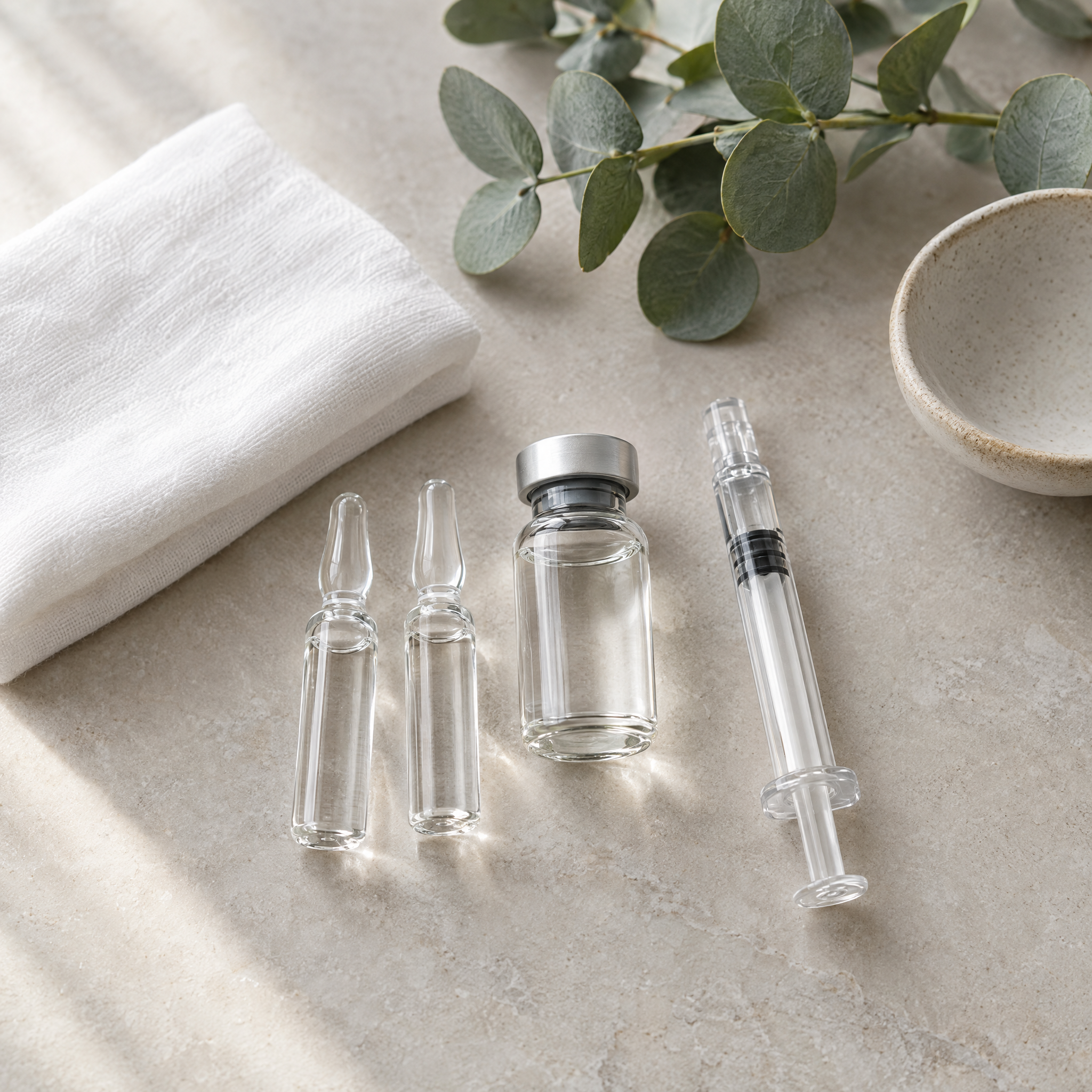 Jalupro skin booster guide: unbranded glass ampoules, vial and syringe laid out in a clean UK aesthetics clinic flat-lay